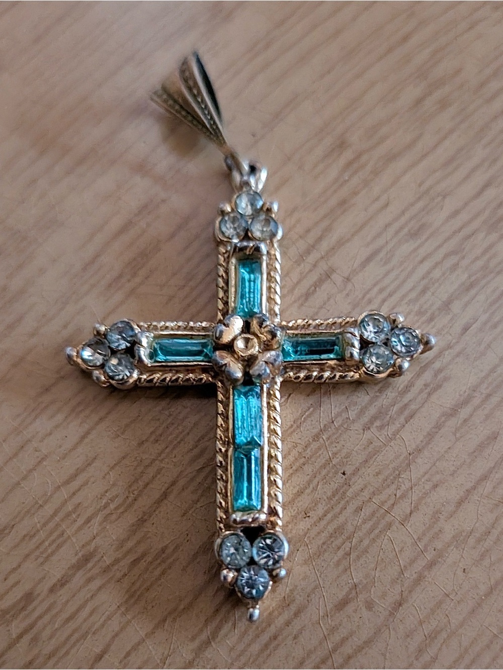Vintage Gold Cross Pendant with Teal and Clear Stones